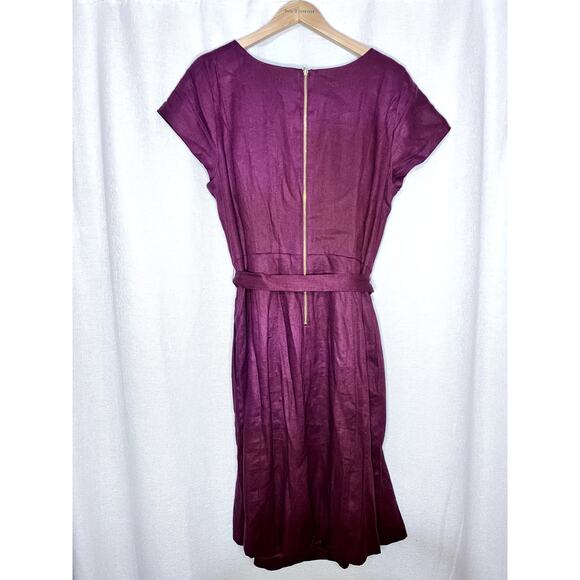 Lands' End Linen Cherry Red Burgundy Short Sleeve Tie Waist Mini Dress - Picture 4 of 9